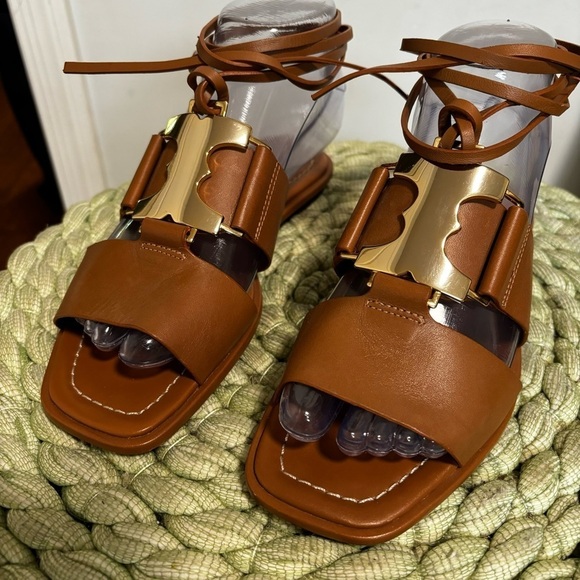 NWOB Tory Burch Gemini Link Lace Up Wrap Flat Royal Tan/Gold Leather Sandals - Picture 5 of 12